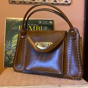 Vintage Mahler brown turn key lock wooden handbag with buttons